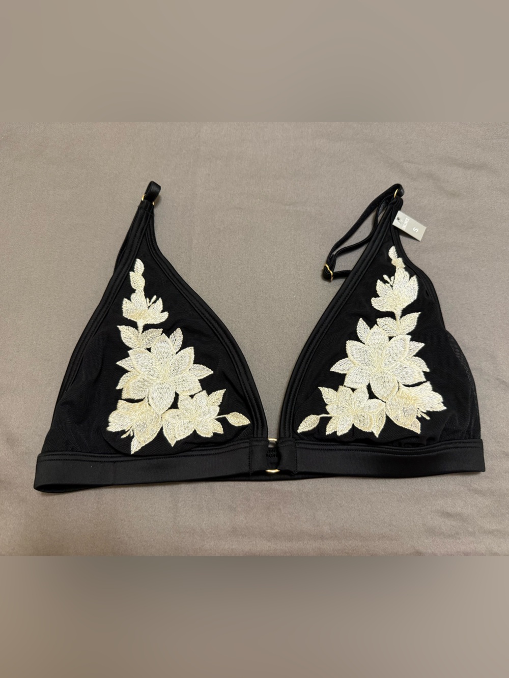 Victoria's Secret Black Triangle Bralette with Cream Floral Embroidery